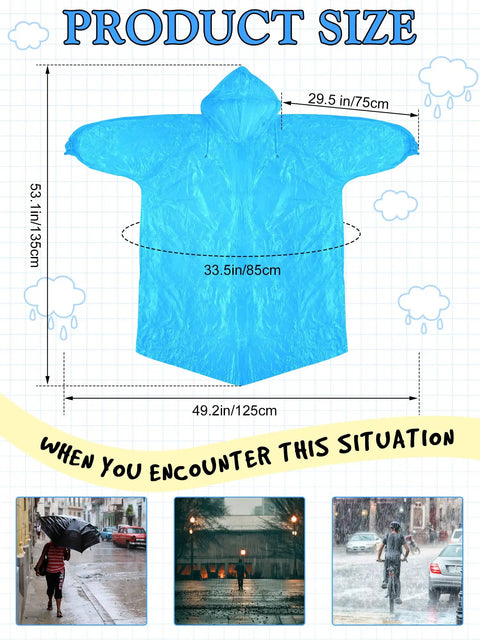 Detailed size chart of 40 Pack Disposable Rain Ponchos For Adults With Drawstring Hood And Elastic Sleeves, blue poncho dimensions