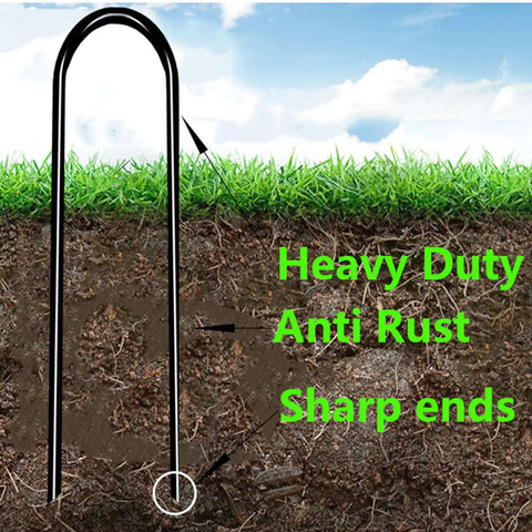 Heavy Duty Trampoline Ground Anchors 10 Inch U Type Wind Stakes shown in soil with anti-rust and sharp-end details.