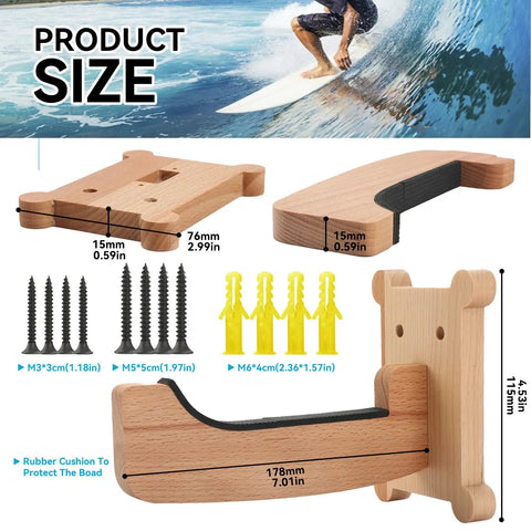 Premium Spliced Beech Wood Surfboard Wall Mount Rack Vertical Storage Shelf dimensions and hardware details for installation.