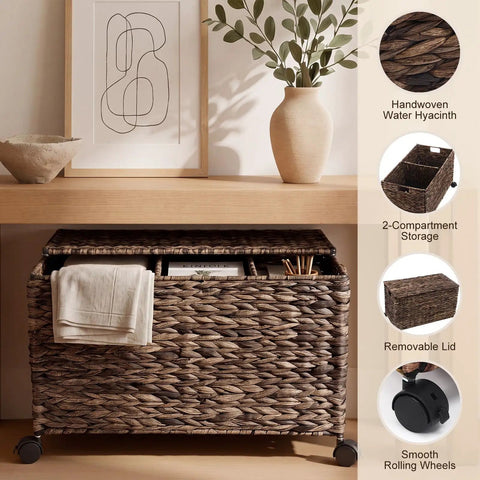 Large Rolling Wicker Storage Basket Made From Water Hyacinth, 15.5 Gallon Chest With Smooth Rolling Wheels and Divider Insert