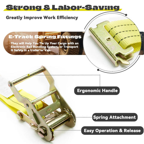 Heavy Duty E Track Ratchet Straps 8 Pack Tie Down Cargo Slings 2X15 Feet Yellow with ergonomic handle and spring attachment