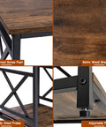 Smooth Industrial Side Table With Built Tough X Frame And Rustic Brown Wood Top Offers Two Tier Storage Shelf with adjustable feet.