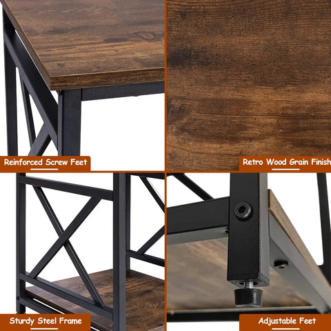 Smooth Industrial Side Table With Built Tough X Frame And Rustic Brown Wood Top Offers Two Tier Storage Shelf with adjustable feet.