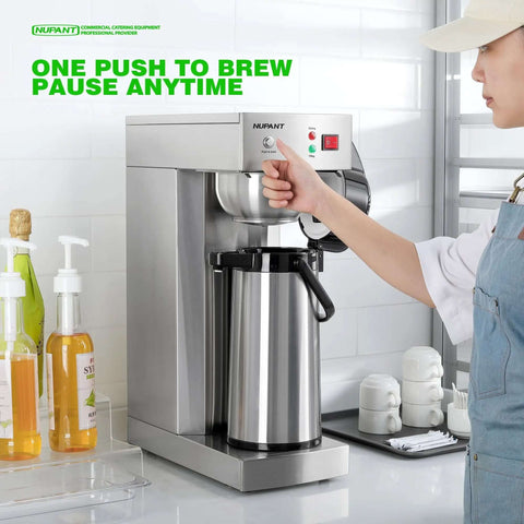 Person operating No-Fuss Auto-Filling Commercial Airpot Coffee Brewer 2.2L 74oz, Stainless Steel Thermal Carafe, in kitchen