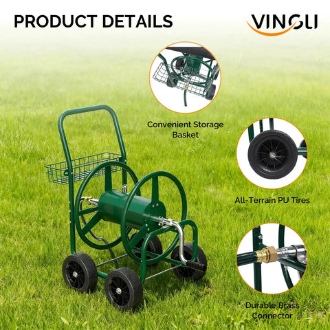 4 Wheel Garden Hose Reel Cart With Storage Basket Portable Hose Cart For Lawn Garden Backyard And Farm Easy Roll Design