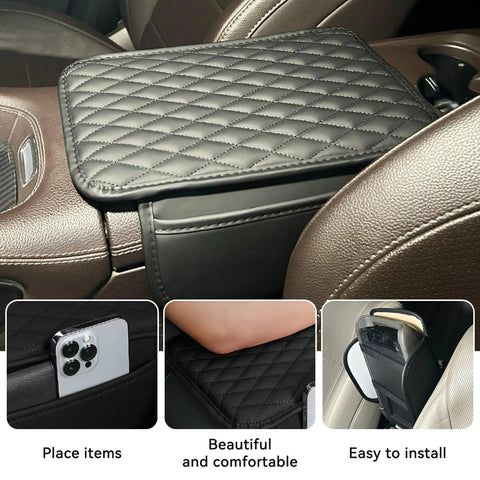Universal Car Middle Console Cover with storage pockets, black quilted microfiber leather installed in vehicle