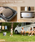 Smooth Operator 20L Mini Portable Washer And Spin Dryer Folding Space Saver Perfect For Rentals Or Van Life shown in travel and home settings.