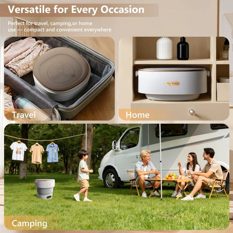 Smooth Operator 20L Mini Portable Washer And Spin Dryer Folding Space Saver Perfect For Rentals Or Van Life shown in travel and home settings.
