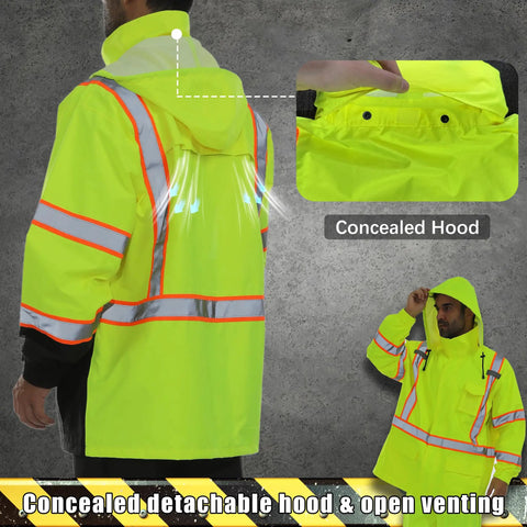 Kickass High Visibility Safety Rain Jacket For Men And Women With Breathable Mesh Lining And Full Reflective Strips Lightweight Waterproof Work Gear featuring concealed hood and reflective strips.