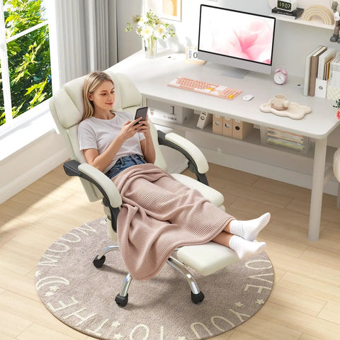 Woman relaxing on Six Point Massage Office Chair With Heat Ergonomic Reclining Desk Chair With Footrest PU Leather Executive Chair For Home Office Off White
