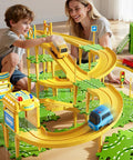 Child playing with Epic 4 Tier Puzzle Race Car Track Set for Kids Ages 3 to 8 with 51 Pieces Bridges Overpasses Road Signs and Cars