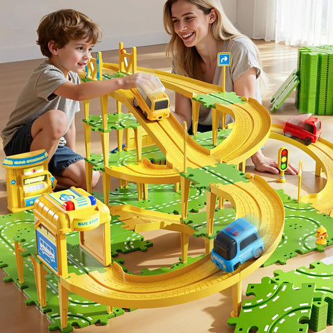 Child playing with Epic 4 Tier Puzzle Race Car Track Set for Kids Ages 3 to 8 with 51 Pieces Bridges Overpasses Road Signs and Cars