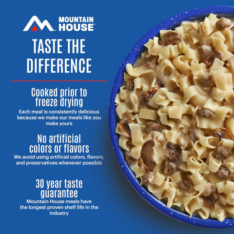 3 Day Freeze Dried Emergency Food Supply Kit 18 Servings Delivers 1706 Calories Per Day image of pasta meal in blue bowl