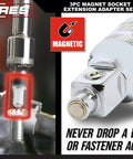Magnetic extension adapter showing grip on bolt, part of Pro Grade Chrome Vanadium Socket Accessory Set With Universal Joints, Extensions And Adapters For 1/4, 3/8, And 1/2 Inch Drives, Heavy Duty Mirror Finish Tools For Any Garage Or Jobsite.