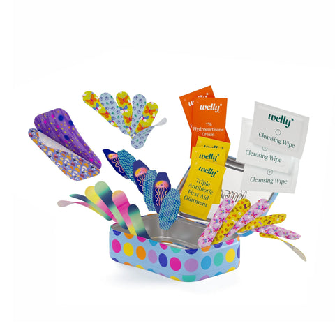 Welly First Aid Kit tin with colorful fabric adhesive bandages, cleansing wipes, and antibiotic ointment packs.
