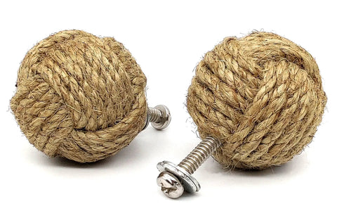 Handmade Jute Rope Drawer Knobs Set Of 6 Rope Knot Cabinet Pulls For Doors Wardrobes And Cupboards Dope Nautical Decor 36 Millimeters Long Screws Included Easy Install, 36mm jute knob close-up with screw