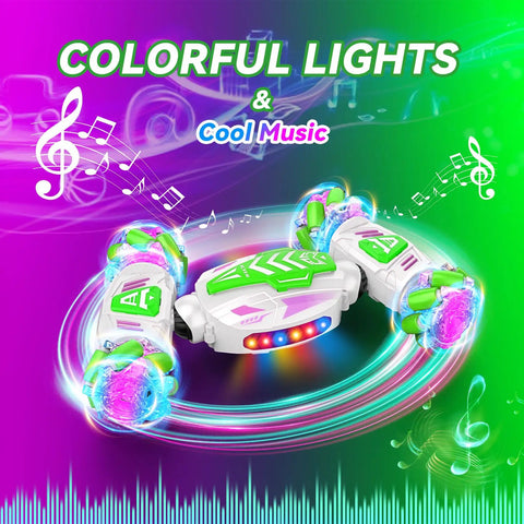 Gesture Sensing RC Car That Transforms Into A Dope Stunt Vehicle With 360 Degree Rotating 4WD Drive And Remote Or Hand Control, 2.4GHz Wireless Toy With Lights And Music, Epic Gift For Boys Ages 6 To 12 showcasing colorful lights and music notes.