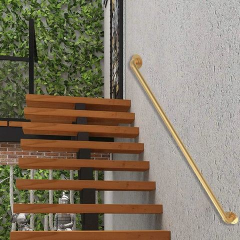 Industrial Pipe Stair Handrail Kit Golden Wall Mounted Railing System, 6m long, gold finish, on wooden stairs with greenery.