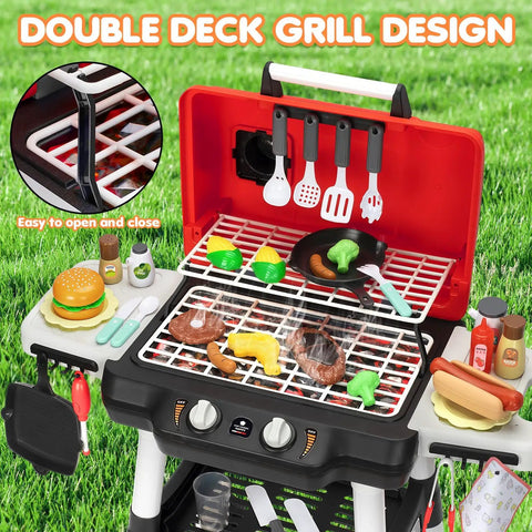 Epic Backyard BBQ Grill Playset For Kids With Smoke Sound And Lights showing dual-layer grill and 35-piece cooking set