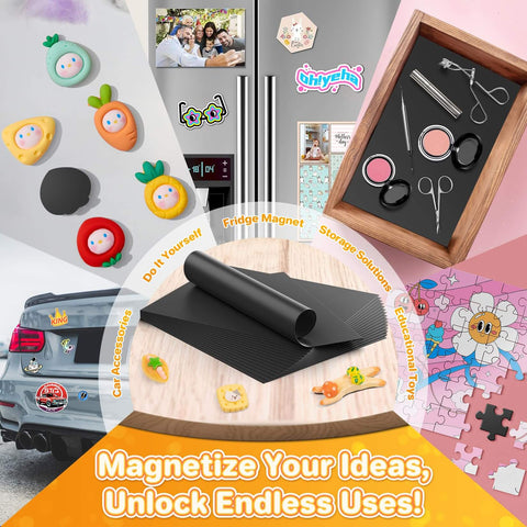 Flexible Magnetic Sheets With Adhesive Backing For DIY Crafts 4x6 Inches Self Adhesive Magnet Paper Ideal For Photos And Cards Cut To Fit On Metal Surfaces 6 Pack displayed with examples of creative uses like fridge magnets and educational toys.