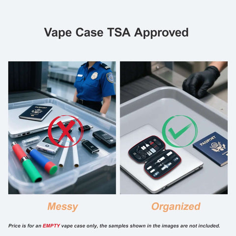 Vape case TSA approved comparison showing organized vape gear in RoadReady Vape Case 7.5 Inch For Vape Pen And 510 Battery Hard Shell Travel Pouch.