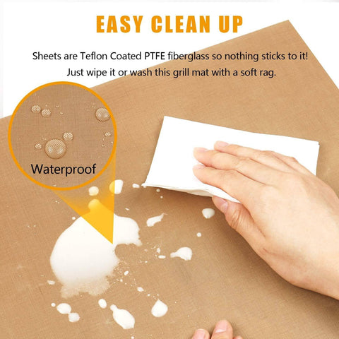 Easy cleanup of Three Pack PTFE Nonstick Heat Press Sheets, 16 By 20 Inch, showing waterproof surface being wiped clean