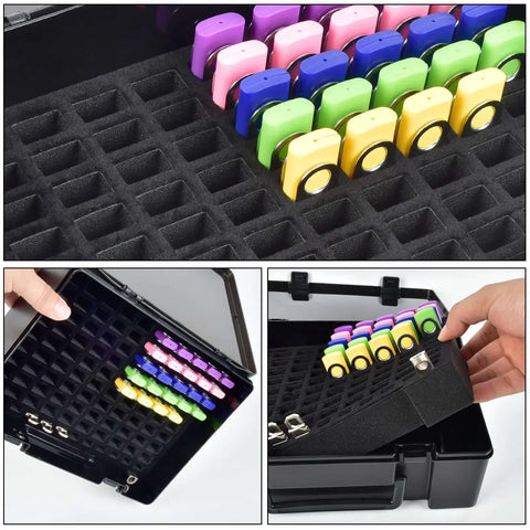 Boss Grade Slick USB Flash Drive Case With A Legit 104 Slot Layout For Organizing Your Thumb Drives Using Dual Size Removable Foam For Fast Stash And A Fresh Desk Setup In Classic Black with colorful flash drives arranged.