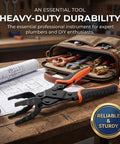 Push-In Clamp Pliers For PEX Pipe 1/2 3/4 1 Inch Quick Release Brass Fittings Removal Tongs on workbench with plumbing tools
