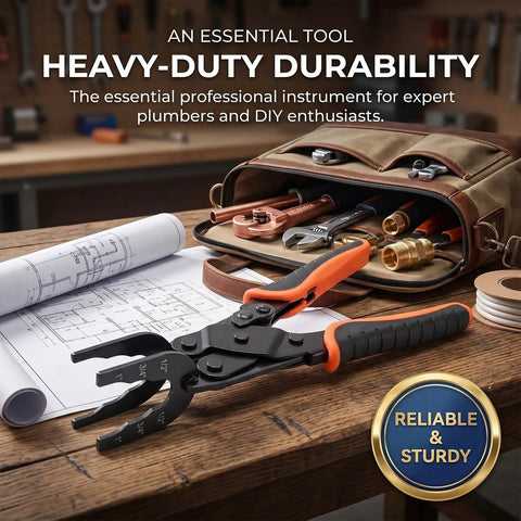 Push-In Clamp Pliers For PEX Pipe 1/2 3/4 1 Inch Quick Release Brass Fittings Removal Tongs on workbench with plumbing tools