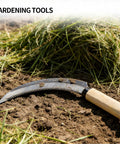Hand Hoe Sickle For Weeding And Cultivation, Japanese Style Garden Tool on soil, 13.7 Inch Length, 6.1 Inch Blade