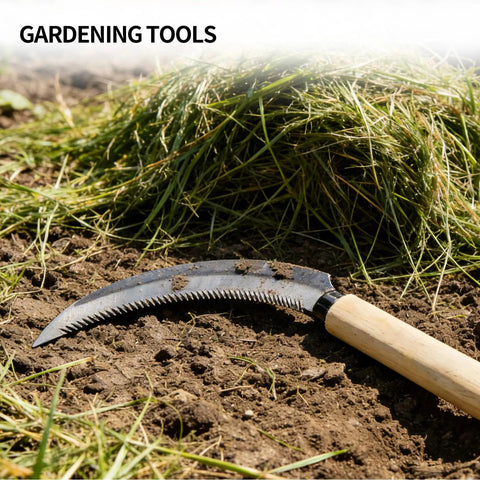 Hand Hoe Sickle For Weeding And Cultivation, Japanese Style Garden Tool on soil, 13.7 Inch Length, 6.1 Inch Blade