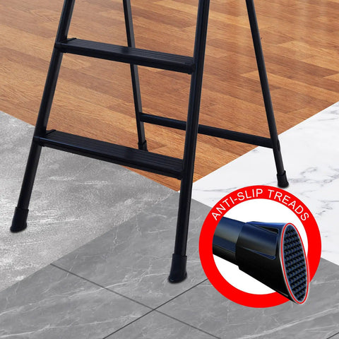 Lightweight Aluminum Three Step Folding Ladder With Big Wide 13.8 By 13 Inch Platform And Handy Tool Tray For Home Projects, ANSI A14.2 Certified, Sturdy Portable Stepladder For Indoor Fixes And DIY Tasks. Black 3-step aluminum ladder with anti-slip feet on tile floor