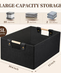 Heavy Duty Foldable Storage Baskets In Matte Black With Chunky Wood Handles rectangle linen organizer box measuring 15x10.6x6 inches.