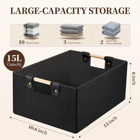 Heavy Duty Foldable Storage Baskets In Matte Black With Chunky Wood Handles rectangle linen organizer box measuring 15x10.6x6 inches.