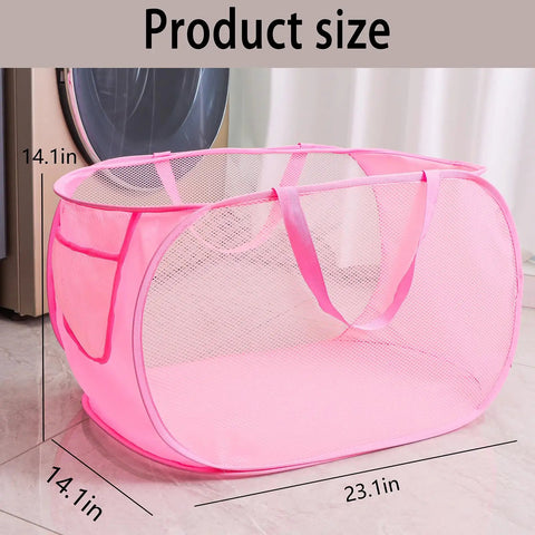Foldable Mesh Laundry Basket Pop Up Hamper With Reinforced Handles in pink, showing dimensions and mesh design