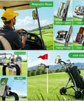 2-In-1 Golf Cart Phone Holder Mount With Magnetic Base And Vise Clamp For 4.5-7 Inch Smartphones Like iPhone Galaxy Google Universal Fit For EZGO Club Car Yamaha Golf Carts And Accessories in action on a golf cart with various uses shown
