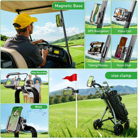 2-In-1 Golf Cart Phone Holder Mount With Magnetic Base And Vise Clamp For 4.5-7 Inch Smartphones Like iPhone Galaxy Google Universal Fit For EZGO Club Car Yamaha Golf Carts And Accessories in action on a golf cart with various uses shown