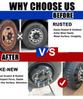 Comparison of wheel before and after using 33mm Chrome Spike Lug Nut Covers Thread-On For Semi Trucks 4.75 Inch High ABS Plastic Caps.