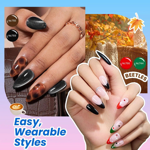 Gel Nail Polish Kit With UV Light 68 Piece Set Featuring 32 Colors for home salon with cat eye and floral nail designs.