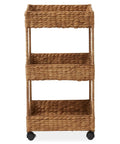 3-Tier Rolling Storage Cart Cinnamon Water Hyacinth Finish front view on wheels