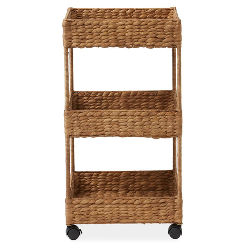 3-Tier Rolling Storage Cart Cinnamon Water Hyacinth Finish front view on wheels