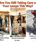 Heavy Duty Electric Chandelier Hoist Lifter For Indoor Ceiling Lights With Dual Remote And Wall Switch Control Heavy Load Support 180kg Cleaning Maintenance System Ideal For Big Villas, showing installations efforts on chandeliers.
