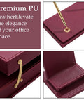 Close-up of Premium Leather Desk Organizer Set Boss Level With Desk Pad And Blotter, 15 Piece Office Accessories Kit, showing burgundy PU leather texture and gold accents.