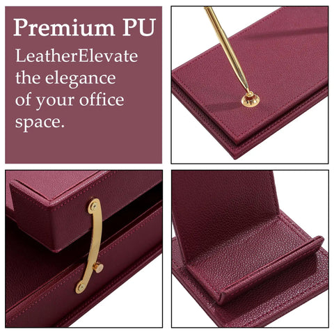 Close-up of Premium Leather Desk Organizer Set Boss Level With Desk Pad And Blotter, 15 Piece Office Accessories Kit, showing burgundy PU leather texture and gold accents.