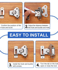 Installation steps for the Heavy Duty Spring Loaded Butterfly Twist Latch With Keeper, size 3.54 X 2.6 Inch on wooden surface.