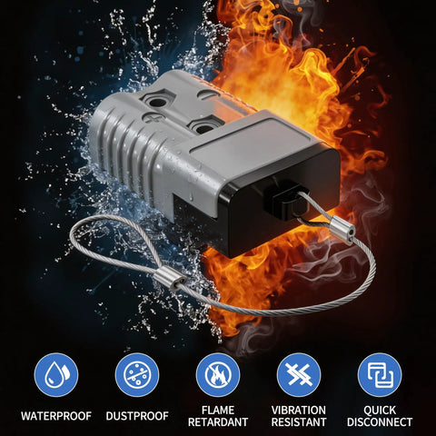 Badass 175 Amp Battery Quick Disconnect Connector Kit 600V 1/0 AWG Wire Harness against fire and water with cable attachment.