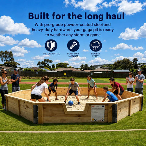 Heavy Duty Gaga Pit Brackets Set For DIY Octagon Gaga Ball Pit Court 11 Gauge Powder Coated Steel 8 Pack used outdoors with players