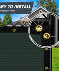 Chain Link Fence Privacy Screen 6x50ft Outdoor 90 Percent Privacy Cover with brass grommets shown on fence in backyard.
