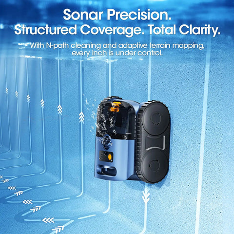 Go-To Robotic Pool Vacuum with Smarter Navigation and Track Drive in action on pool wall