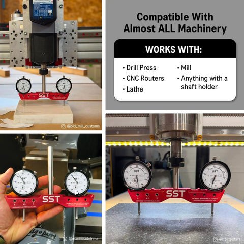 Custom Fit Mill And Lathe Tramming System for Fast No Fuss Alignment with 0.0005 Inch Dial Indicators shown on various machinery.